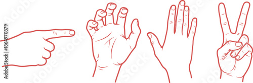 Four distinct hand gestures in white outline on a black background for communication and expression