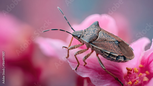 Wallpaper Mural Generated AI Macro Image of a Brown Stink Bug Resting on Pink Flower Petals with Soft Pastel Background Torontodigital.ca