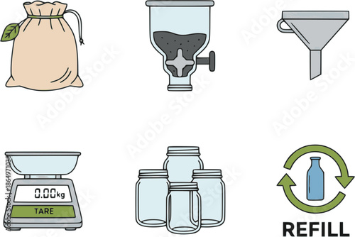 Professional zero-waste shopping icons. Flat vector set featuring bulk bins, refill bottles, and cloth bags. High-quality olive and sand graphics isolated on white background.