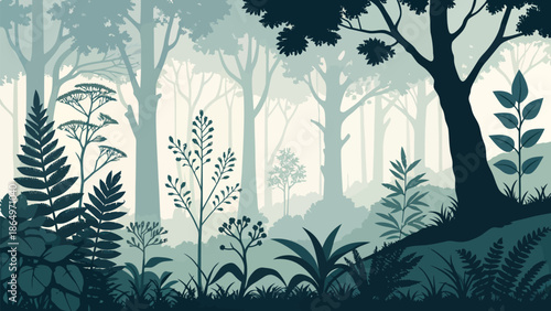 Serene forest landscape with lush greenery and trees