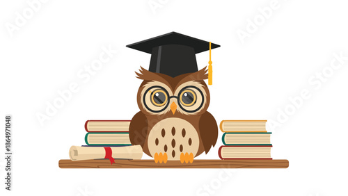 Wise scholarly owl wearing a classic graduation cap and spectacles, perched atop a stack of books alongside a rolled diploma, symbolizing academic success.