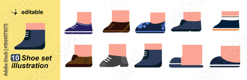 This image features a set of ten different shoe illustrations with an editable design. The shoes are displayed in various styles, showcasing a range of footwear designs. The illustration is presented 