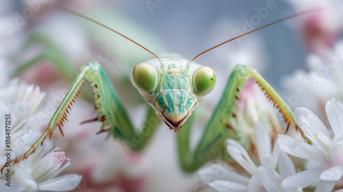 Wallpaper Mural Extreme Macro Closeup Portrait of a Green Praying Mantis Resting on Soft White Flowers with Dreamy Bokeh Background in Natural Garden Wildlife Scene Torontodigital.ca