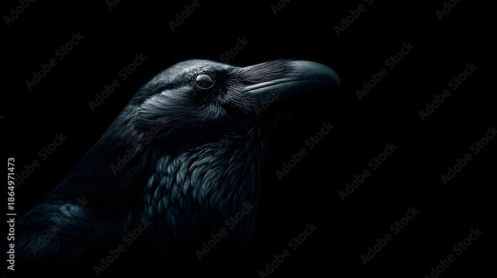 Obraz premium Mysterious Close-up Portrait of a Black Crow Against Dark Background