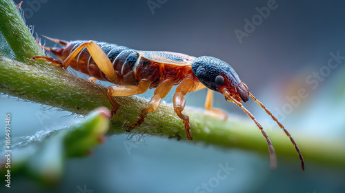 Wallpaper Mural Ultra Detailed Macro Closeup of a Rove Beetle Crawling Along a Green Plant Stem with Shallow Depth of Field and Smooth Blue Background Torontodigital.ca