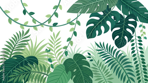 Lush tropical leaves and vines on white background