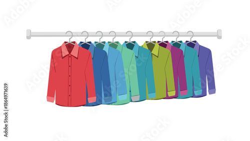 Diverse collection of men's long-sleeved button-up shirts, showcasing a vibrant spectrum of colors, neatly displayed on a clothing rack.