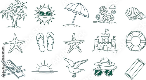 Beach scene with palm trees, sun, umbrella, and people relaxing.