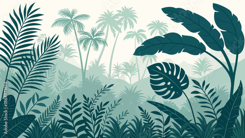 Tropical jungle landscape with lush greenery and palm trees