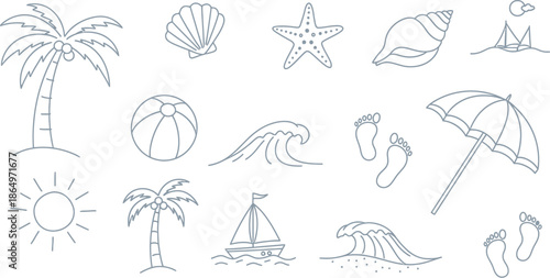 Beach scene with palm trees and various summer icons on a sunny day