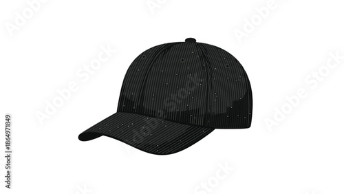 Stylish black baseball cap featuring a textured fabric and subtle white flecks, presented in a sleek side view, a modern casual accessory.