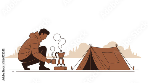 Morning Coffee At Campground In Nature Outdoors Camping Lifestyle Illustration