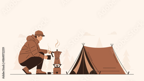 Morning Coffee In The Wilderness Awaits By The Tent Minimalist Vector Scene