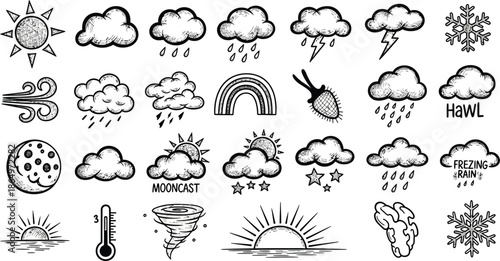 Weather icons show various cloud types and sun moon phases