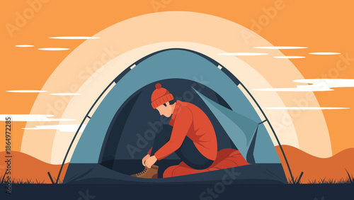 Morning Hike Preparing In Tent After Sunrise During Outdoors Adventure