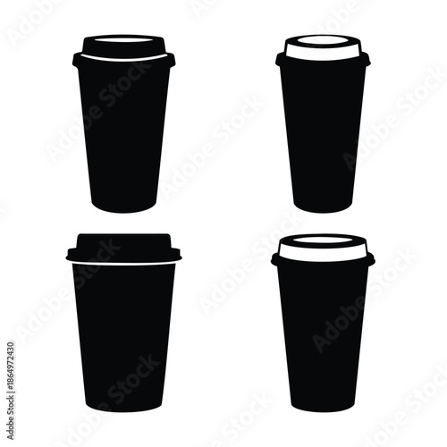 A collection of black silhouettes of disposable coffee cups with and without lids