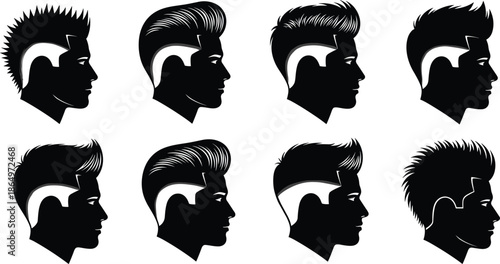 Men hairstyle silhouette collection, modern barber haircut profile icons for salon fashion grooming black white vector illustration set design pack