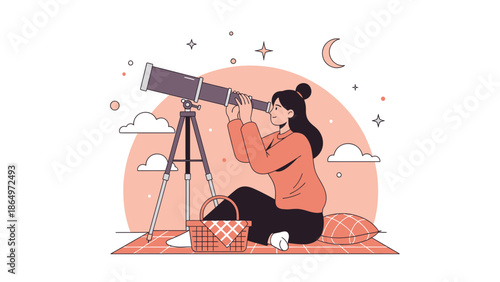 Night Observation Girl Scoping With Telescope Beneath Crescent Moon Stars