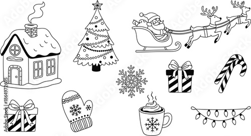 Santa Claus rides reindeer sleigh past snowy house Christmas tree