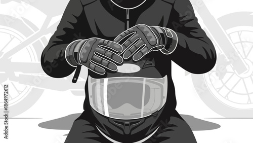 Motorcycle Rider Preparing For A Ride With Helmet And Gloves Ready Gear Up