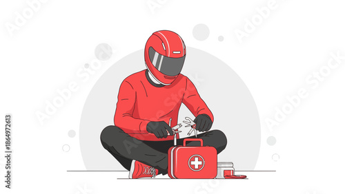 Motorcycle Rider Repairing Bike With Tools From First Aid Kit Illustration