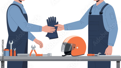 Motorcycle Repair Team Equipping Rider With Safety Gear Before A Big Journey