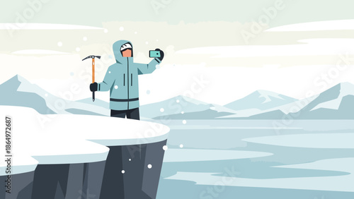 Mountain Adventurer Taking a Selfie in Snowy Landscape Illustration
