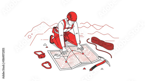 Mountaineer Planning His Route With Map And Climbing Equipment On White Background
