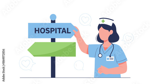 Nurse Pointing To Hospital Sign With Caring Heart Bubbles Illustration