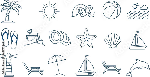 People enjoy a sunny day at the beach with various activities Icon