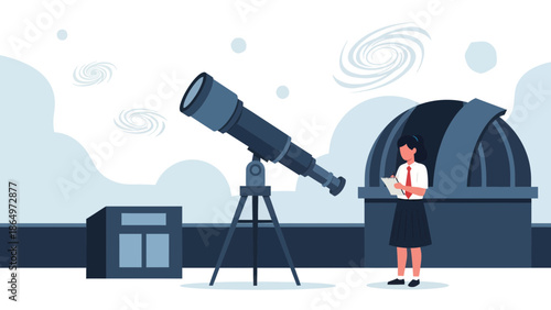 Observatory Learning Young Woman Studying Cosmos With Telescope Vector Illustration