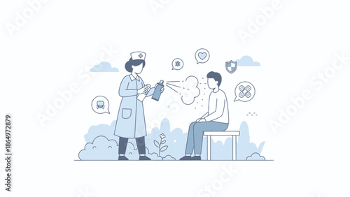 Nurse Sprays Patient For Illness Protection Medical Care Prevention Concept