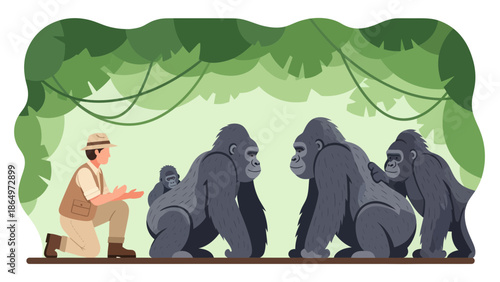 Observing Great Apes Interaction At Wild Nature Scene Graphic Design Background