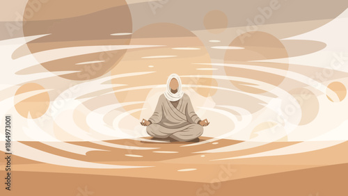 Muslim Woman Meditating Calmly Finding Inner Peace In Abstract Serene Landscape