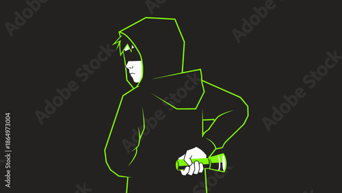 Mysterious Figure In Hooded Attire Holding Flashlight In The Dark Background
