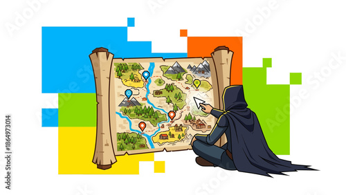 Mysterious Cartographer Unveiling Fantasy Kingdom's Hidden Locations On Ancient Scroll