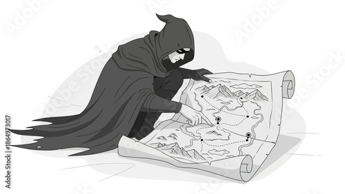 Mysterious Figure Planning a Route on an Antique Treasure Map Illustration