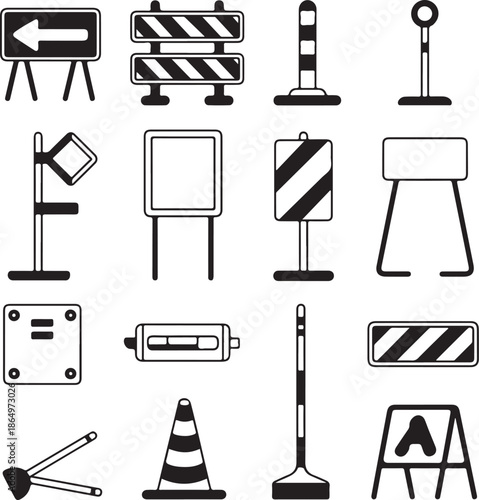 Road construction signs and barriers vector illustration
