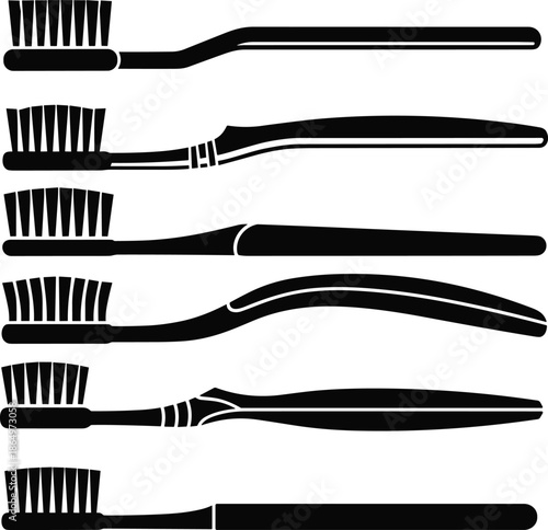 Black silhouette toothbrush set for dental hygiene, professional oral care tool icons, bathroom accessory collection for teeth cleaning and health vector illustration