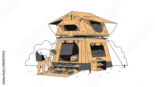 Organizing Footwear At The Entrance Of A Car Top Tent While Camping