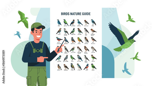 Ornithologist Explaining Different Species Of Birds With Nature Guide Poster