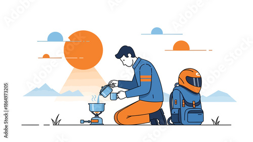 Outdoor Adventures Morning Brew Scene Depicts Relaxation And A Motorcyclist's Tranquility