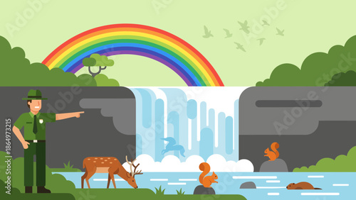 Nature Scene With Ranger Deer Waterfall Squirrels And Rainbow Flat Design