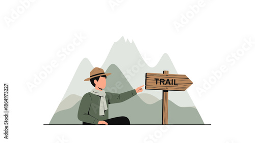 Nature Guide Points To Trail Direction In Scenic Mountain Landscape