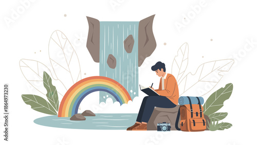 Nature's Inspiration: Man Writing Near Waterfall and Rainbow Illustration