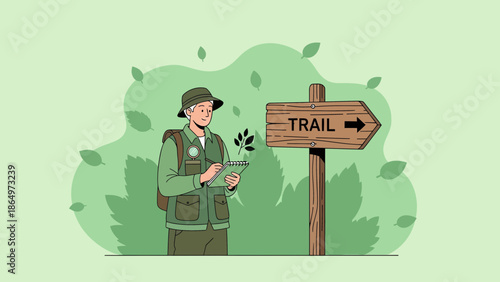 Nature Observer Exploring the Forest and Taking Notes Near a Trail Sign