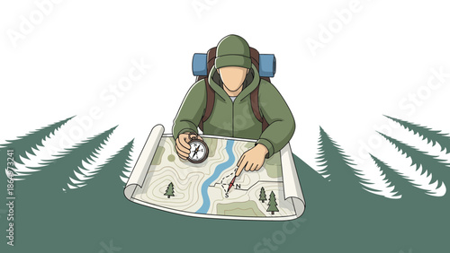 Outdoorsman Planning Wilderness Expedition With Compass And Topographic Map