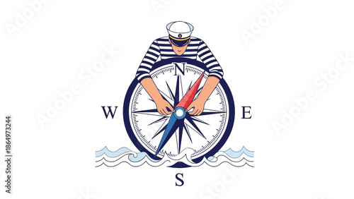 Nautical Navigator Setting Course On Compass Illustration Vector Image