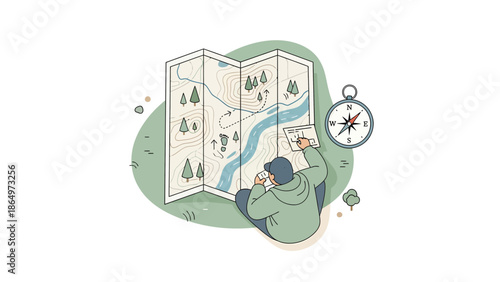 Outdoor Navigation Concept Man Planning Trip with Map and Compass Outdoors