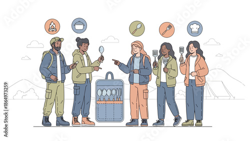 Outdoor Adventures Camping Utensil Set And Diverse Group Planning Meal Preparation